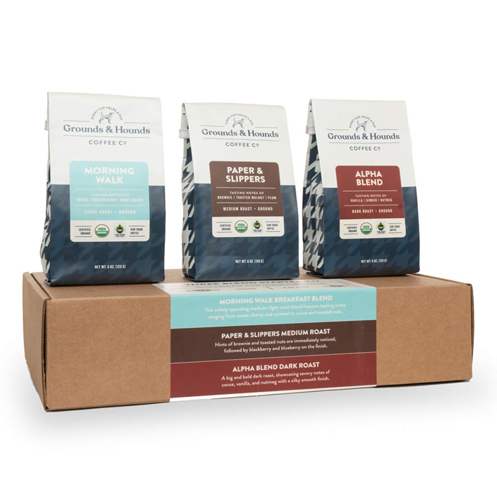 Grounds & Hounds Three Blend Starter Kit - Ground, 100% Organic Coffee Variety Pack, Bulk Ground Coffee, Includes Three 6oz Bags of Our Most Popular Blends