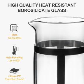 Chiallco Mini French Press Coffee Maker, Heat Resistant Thickened Borosilicate Classic Glass Stainless Steel Coffee Press, 12OZ Heat Cold Brew Coffee Pot Tea Press for Kitchen Travel Camping，Black