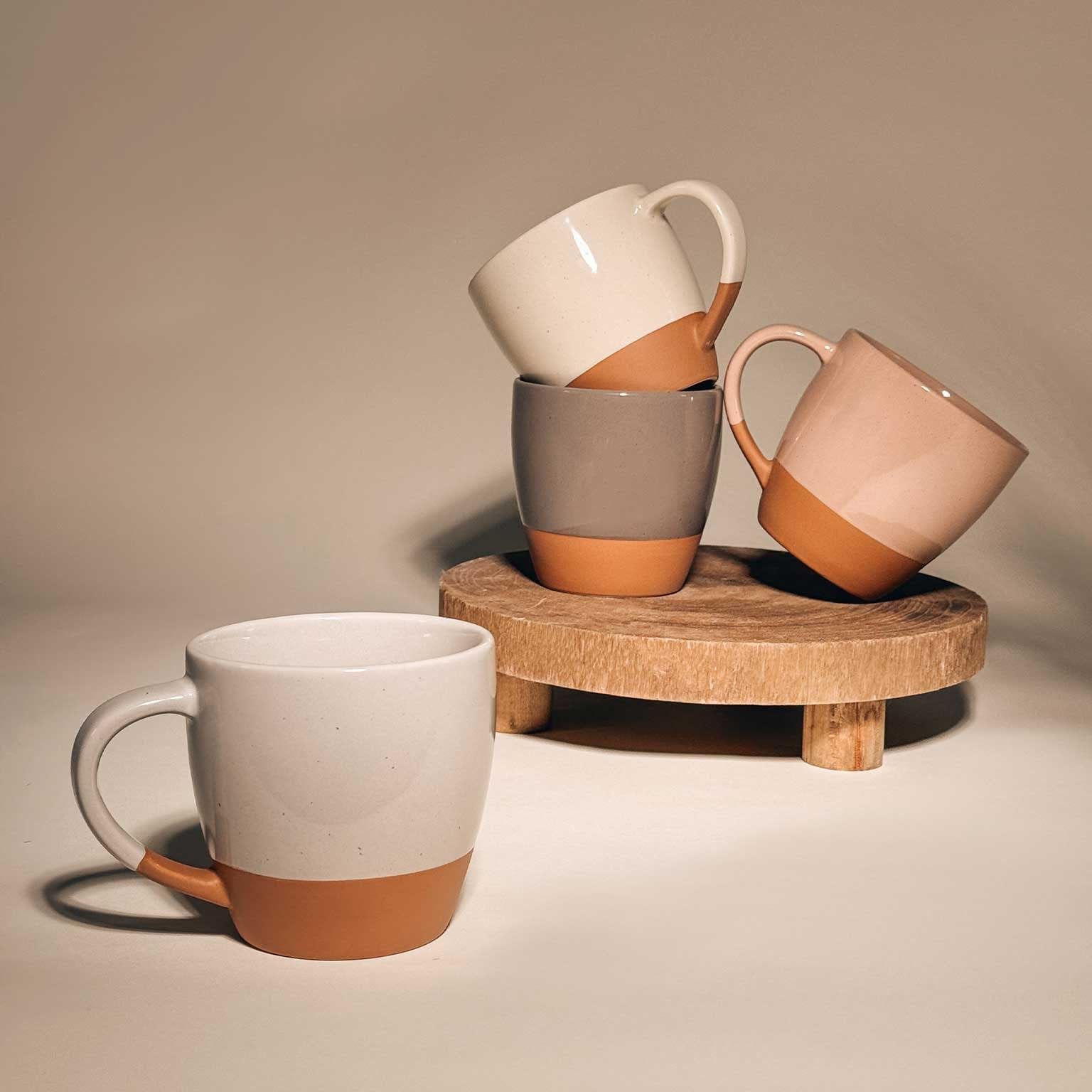 Mora Ceramic Large Latte Mug Set of 4, 16oz - Microwavable, Porcelain Coffee Cups With Big Handle - Modern, Boho, Unique Style For Any Kitchen. Microwave Safe Stoneware - Assorted Neutrals