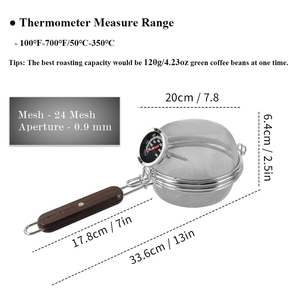 Kaffeebohnenröster für Zuhause – CAFEMASY Tragbares, handliches Kaffeeröster-Netzpfannen-Werkzeug aus Edelstahl mit Thermometer zum Backen von Kaffeebohnen zu Hause und im Freien