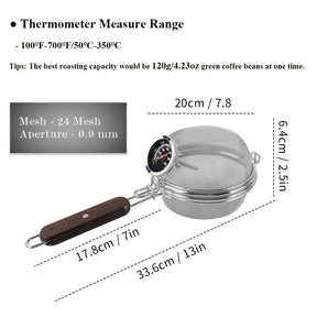 Kaffeebohnenröster für Zuhause – CAFEMASY Tragbares, handliches Kaffeeröster-Netzpfannen-Werkzeug aus Edelstahl mit Thermometer zum Backen von Kaffeebohnen zu Hause und im Freien