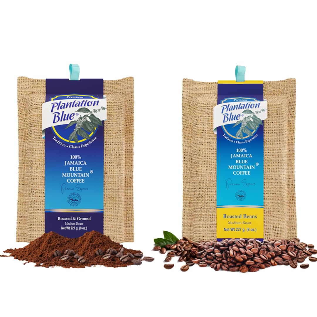 Plantation Blue 100% Jamaica Blue Mountain Coffee Medium Roast 8oz whole bean and 8oz ground Bundle