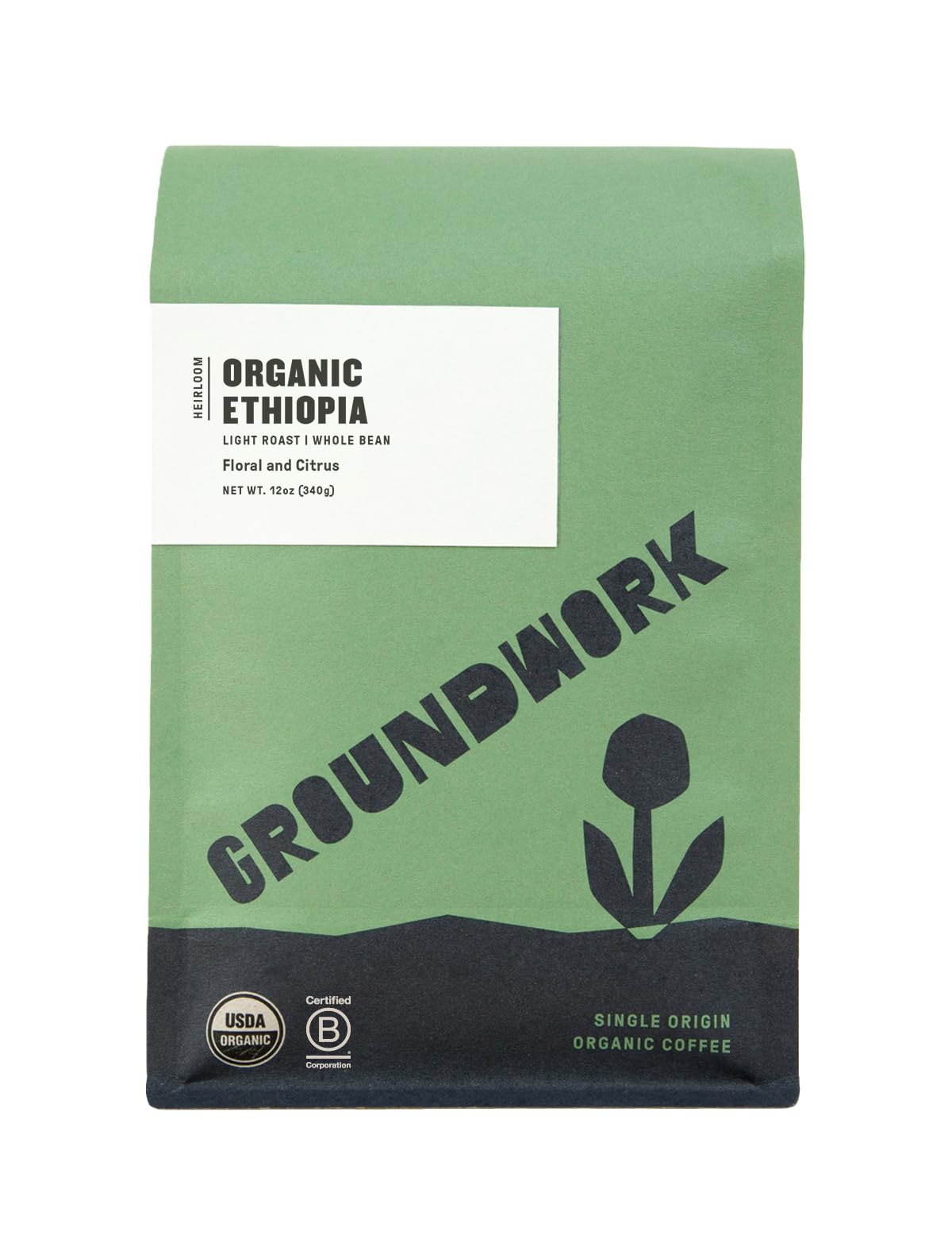 GROUNDWORK - Ethiopia Heirloom Blend Whole Bean Coffee, Light Roast - Certified Organic Single Origin - 12oz Bag