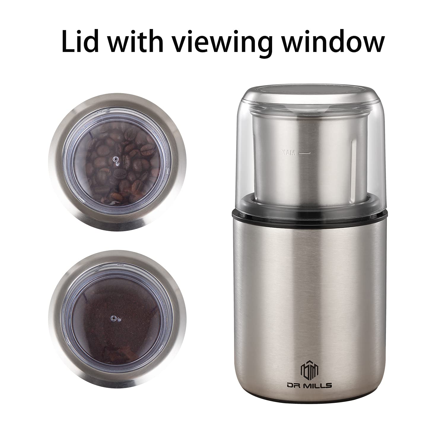 DR MILLS DM-7452 Electric Coffee Grinder,Spice Grinder Electric and chopper,detachable cup,Grinder diswash free, Blade & cup made with SUS304 stianlees steel