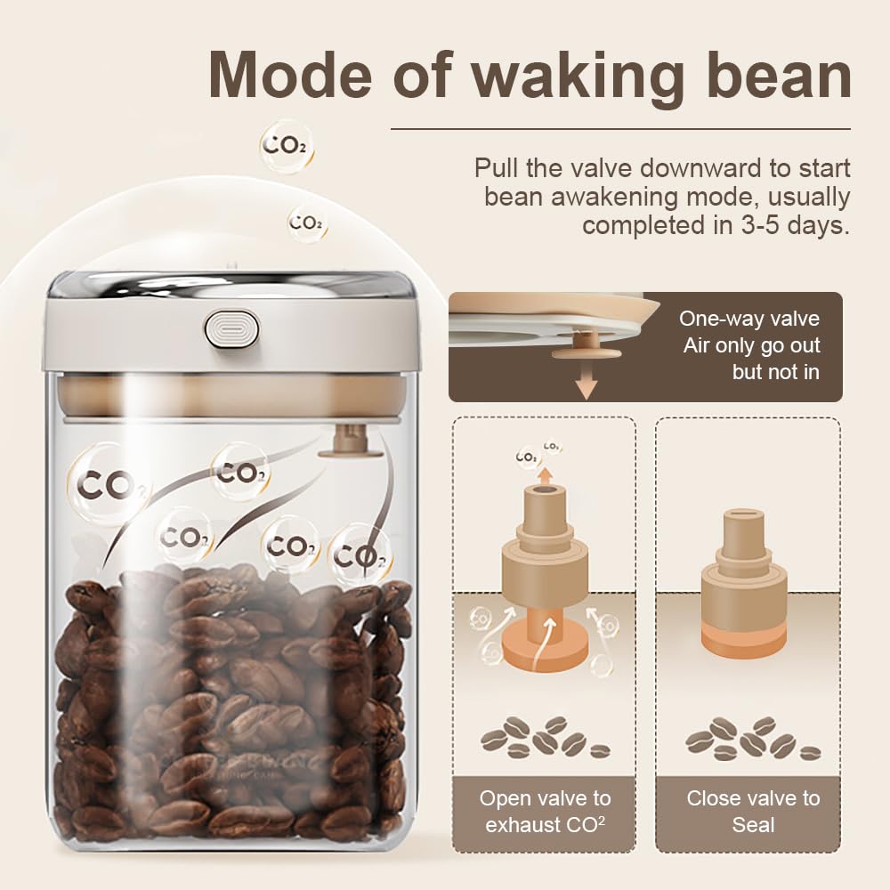 IRCtek Coffee Bean Storage Container with One-way Valve Airtight Lid Date Tracker for Coffee and More Food Fresh and Storage, Clear Borosilicate Glass Coffee Canister(1.2 Qt - 13.1 OZ)