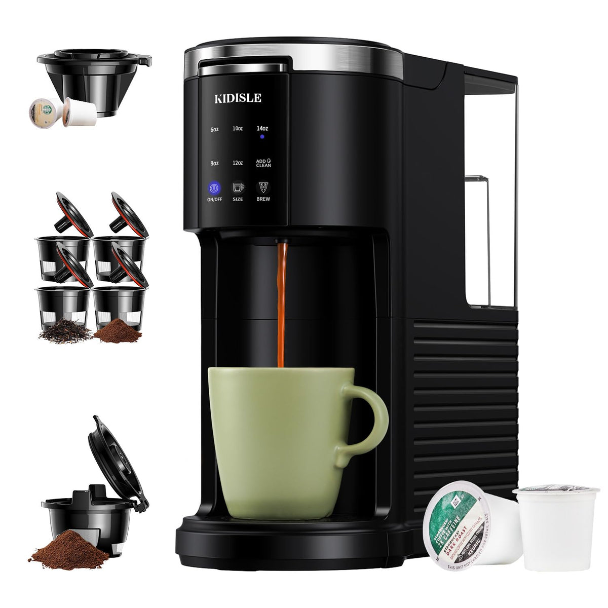 KIDISLE Single Serve Coffee Machine, 3 in 1 Pod Coffee Maker for K Cup Pods & Ground Coffee & Teas, 6 to 14oz Brew Sizes, with 40oz Removable Water Reservoir, Descale Settings, Black