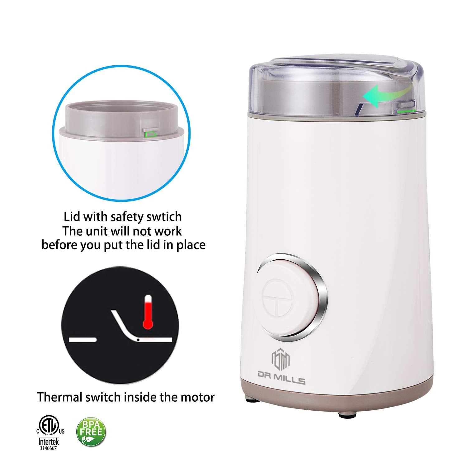 DR MILLS DM-7441 Coffee Grinder Electric, Coffee Bean and Dried Spice Grinder, One Touch Operation, Blade and cup made with SUS304 stainless steel (White)