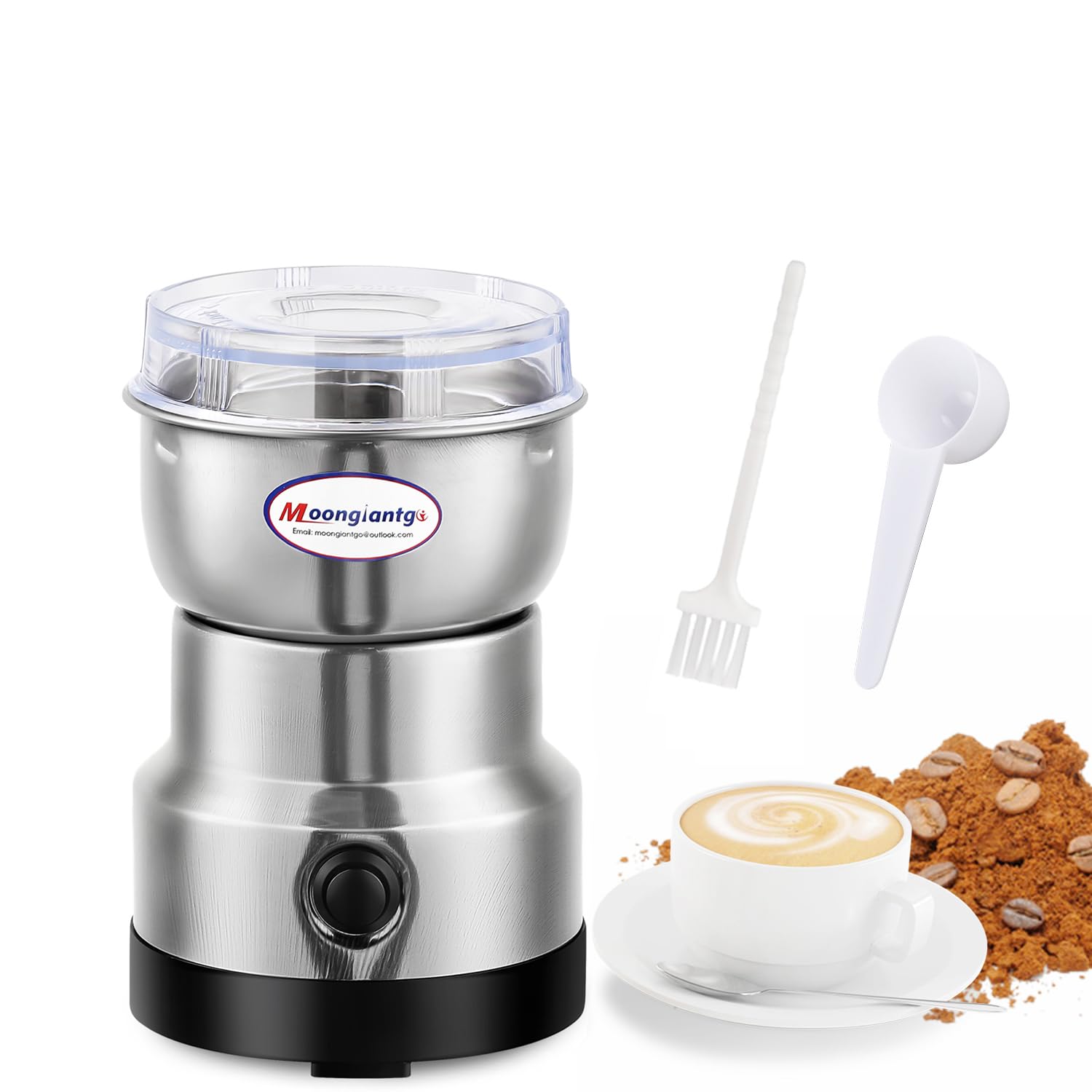 Moongiantgo Coffee Grinder Electric, Mini Spice Grinder, 200W 10s Fast Grinding, Dry Grain Mill for Spices Seeds Rice Beans Seasonings, with Replacment Stainless Steel Blade (Silver, 110V)