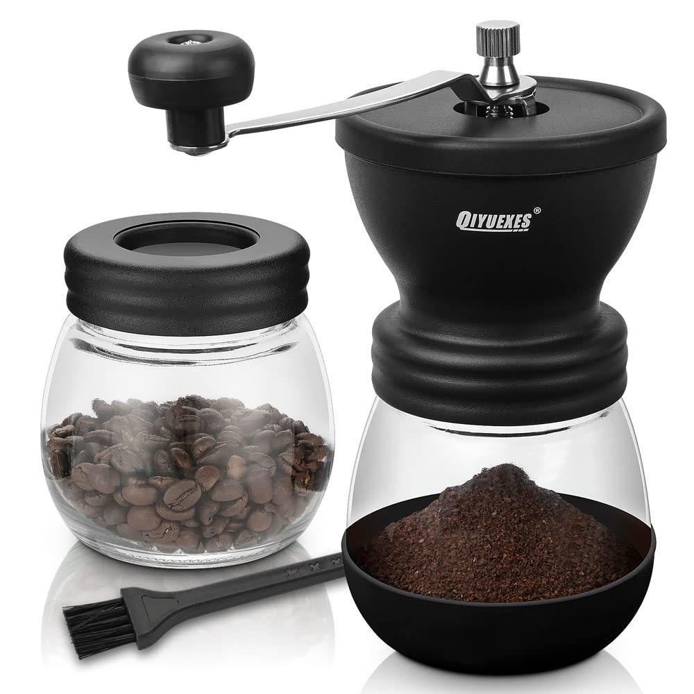 QIYUEXES Manuelle Kaffeemühle mit Mahlwerk, Kaffeebohnenmühle für Espresso, French Press, Cold Brew, inkl. 2 Gläsern (je 312 ml) und Bürste, Handkaffeemühle für Zuhause, Camping, Reisen