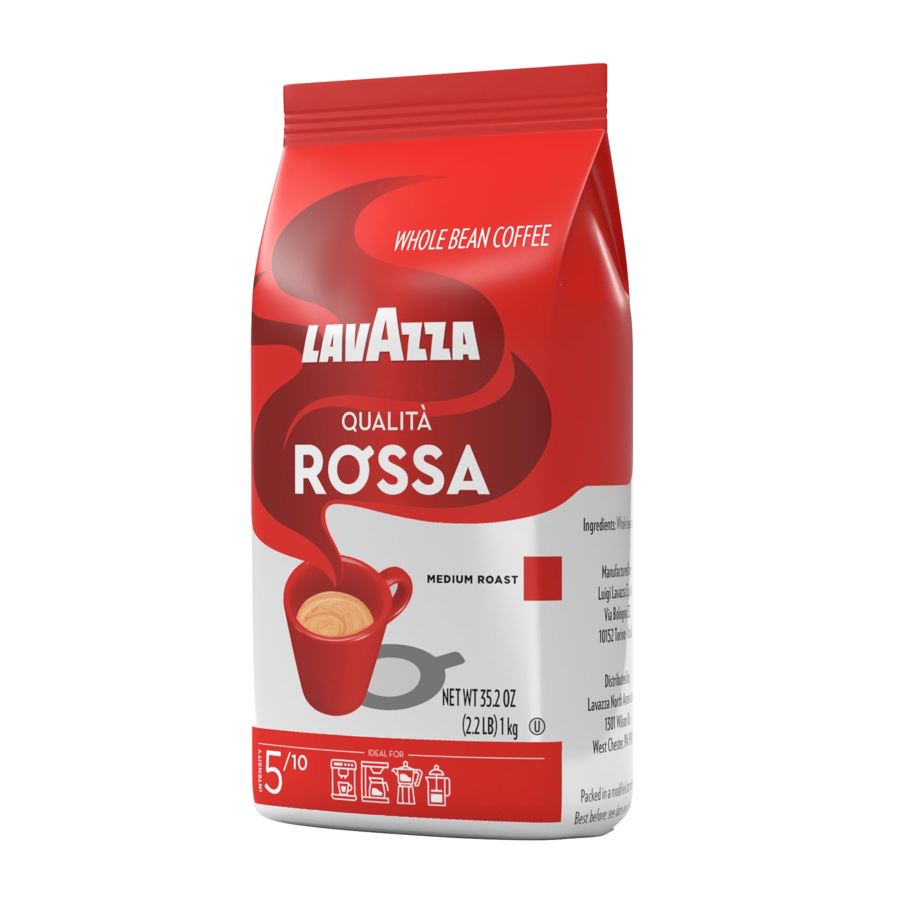 Lavazza Qualita Rossa - 2.2LB Bag of Espresso Beans - Authentic Italian, Blended and Roasted in Italy, Chocolate Flavour, Full Body and Intense Aromas