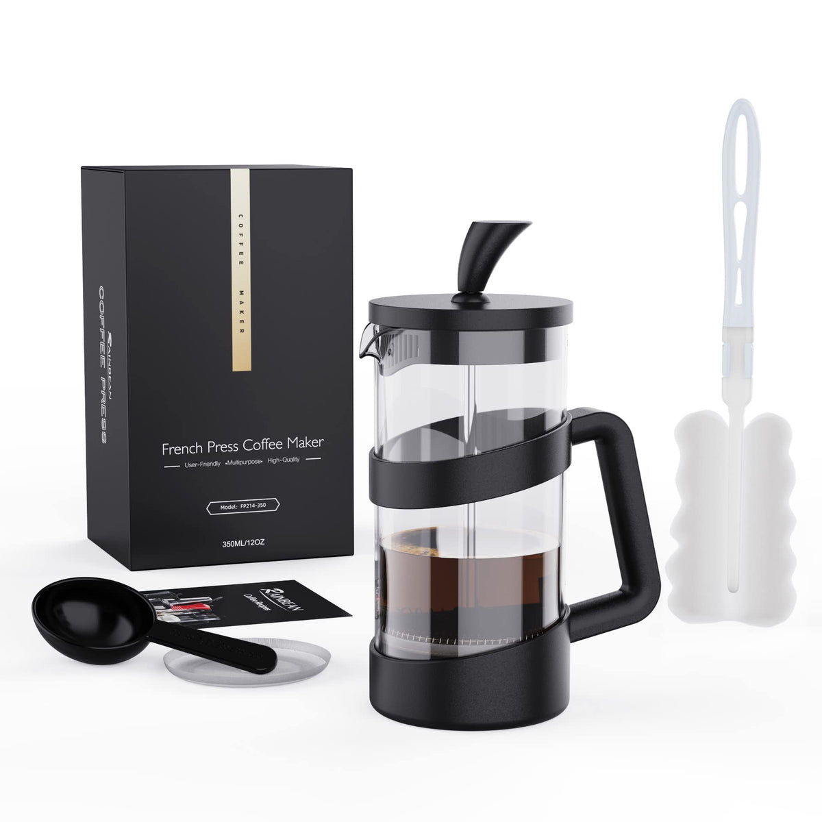 RAINBEAN Mini-French-Press-Kaffeemaschine, 12 oz, Kaffeebereiter zum Erhitzen und Kaltpressen, Camping-Kaffeepresse, kleine French Press und Kaffeepressen 350 ml, Tee- und Milchaufschäumpresse (schwarz, 12 oz)