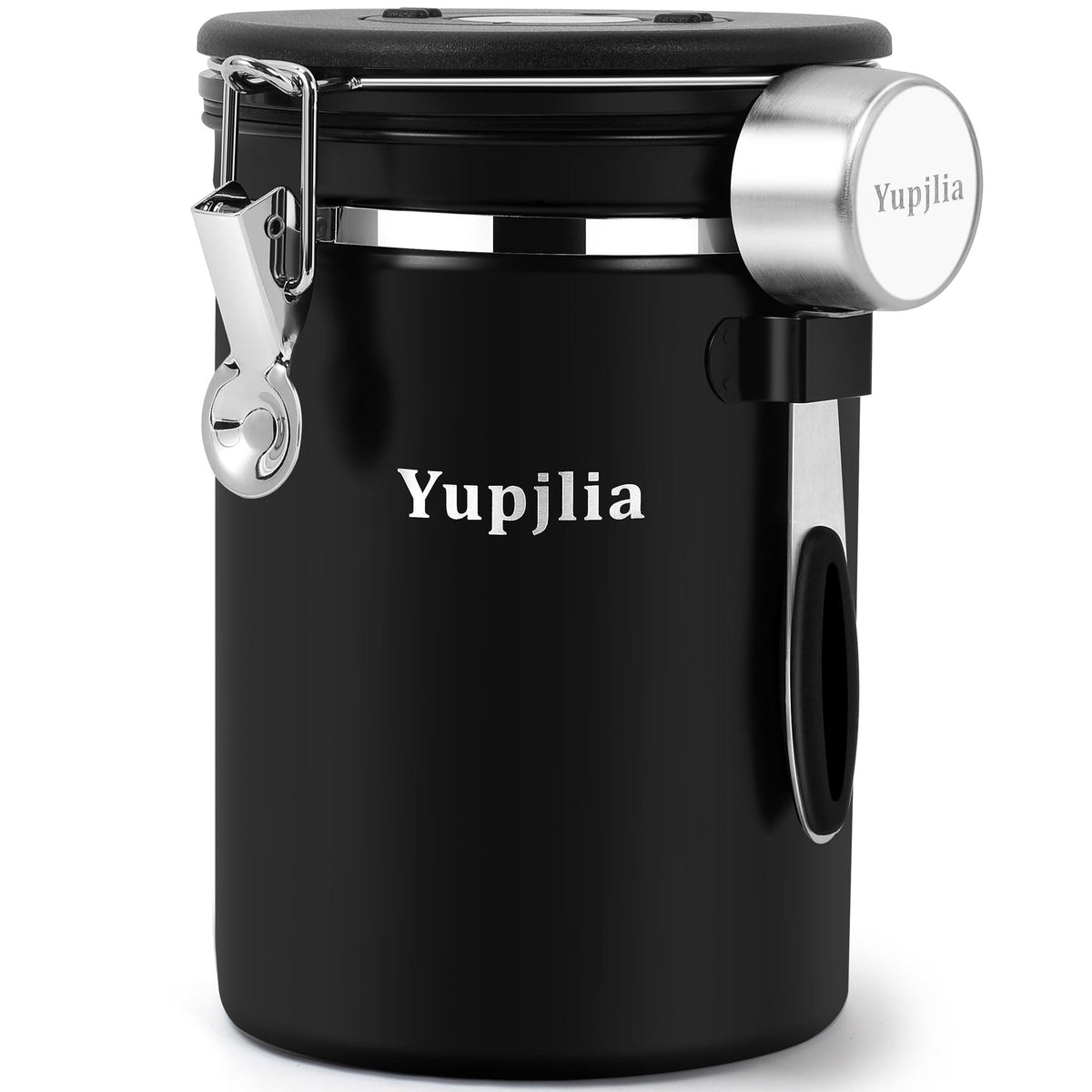 Yupjlia コーヒーキャニスター、プレミアム 22 オンス 大型ステンレススチール コーヒー豆保存容器 密閉蓋付き エレガントなブラック コーヒー粉容器 データトラッカーとスクープ付き お茶、砂糖、小麦粉用