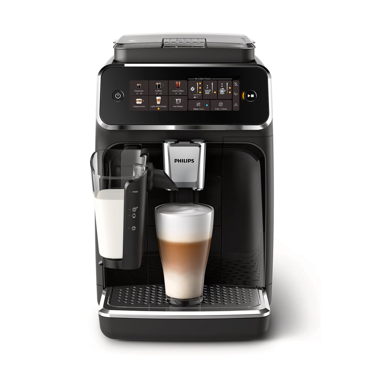 PHILIPS Series 3300 Espressovollautomat – 6 Heiß- und Eisgetränke, LatteGo-Milchsystem, 40 % leiser SilentBrew, Keramikmahlwerk, Aquaclean-Filter, glänzendes Schwarz (EP3341/50)