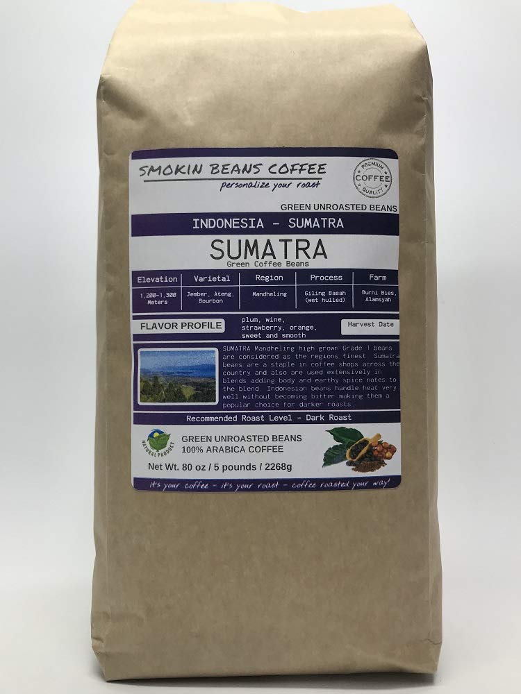 5-pound Sumatra Mandheling (Unroasted Green Coffee Beans) premium Arabica grown Indonesia fresh current-crop beans for home coffee roasters, specialty-grade coffee beans, includes a free burlap bag