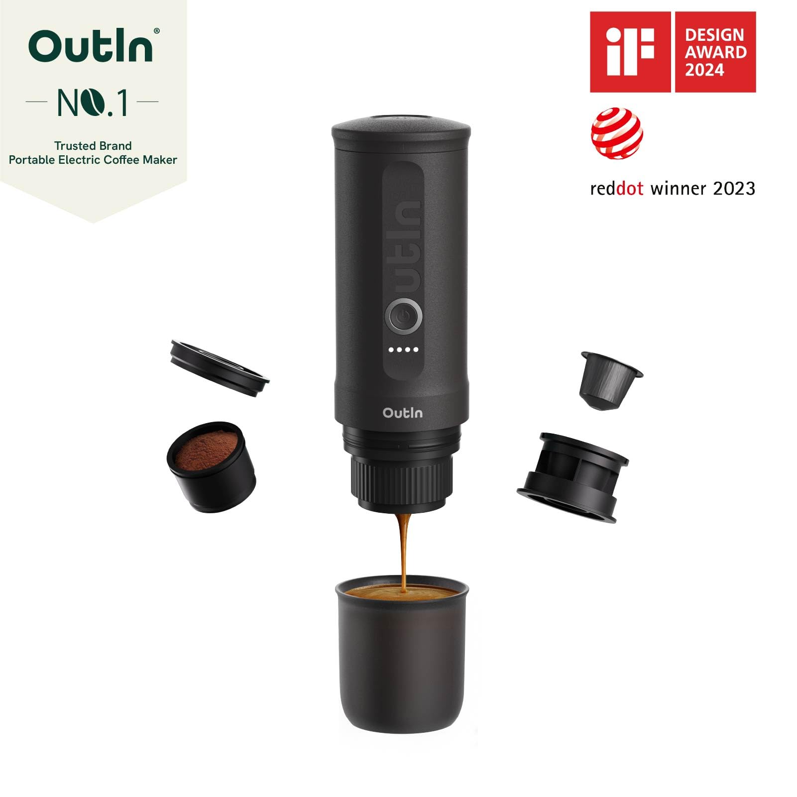 OutIn Nano Portable Electric Espresso Machine, Travel Coffee Maker for Camping, Car Coffee Maker Self-Heating with USB-C, With Ground Coffee & NS Capsule for RV, Hiking, Office