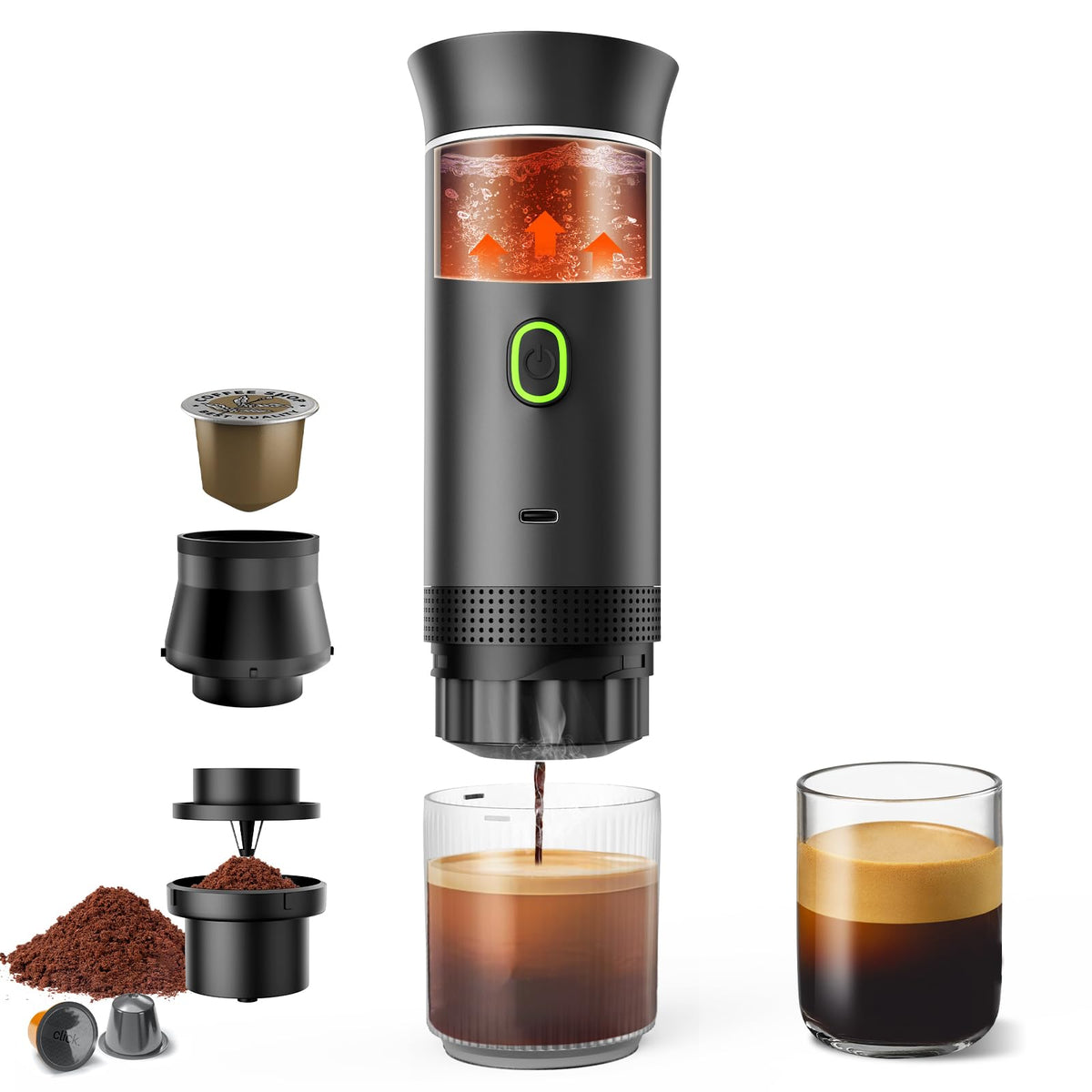 Tragbare elektrische Espressomaschine, 20 bar Mini-Reisekaffeemaschine, Espressomaschinen mit USB-C, 3-in-1-Autokaffeemaschine, selbsterhitzend, gemahlener Kaffee und Kapsel (Ns&amp;DG) für Büro, Camping, Wohnmobil