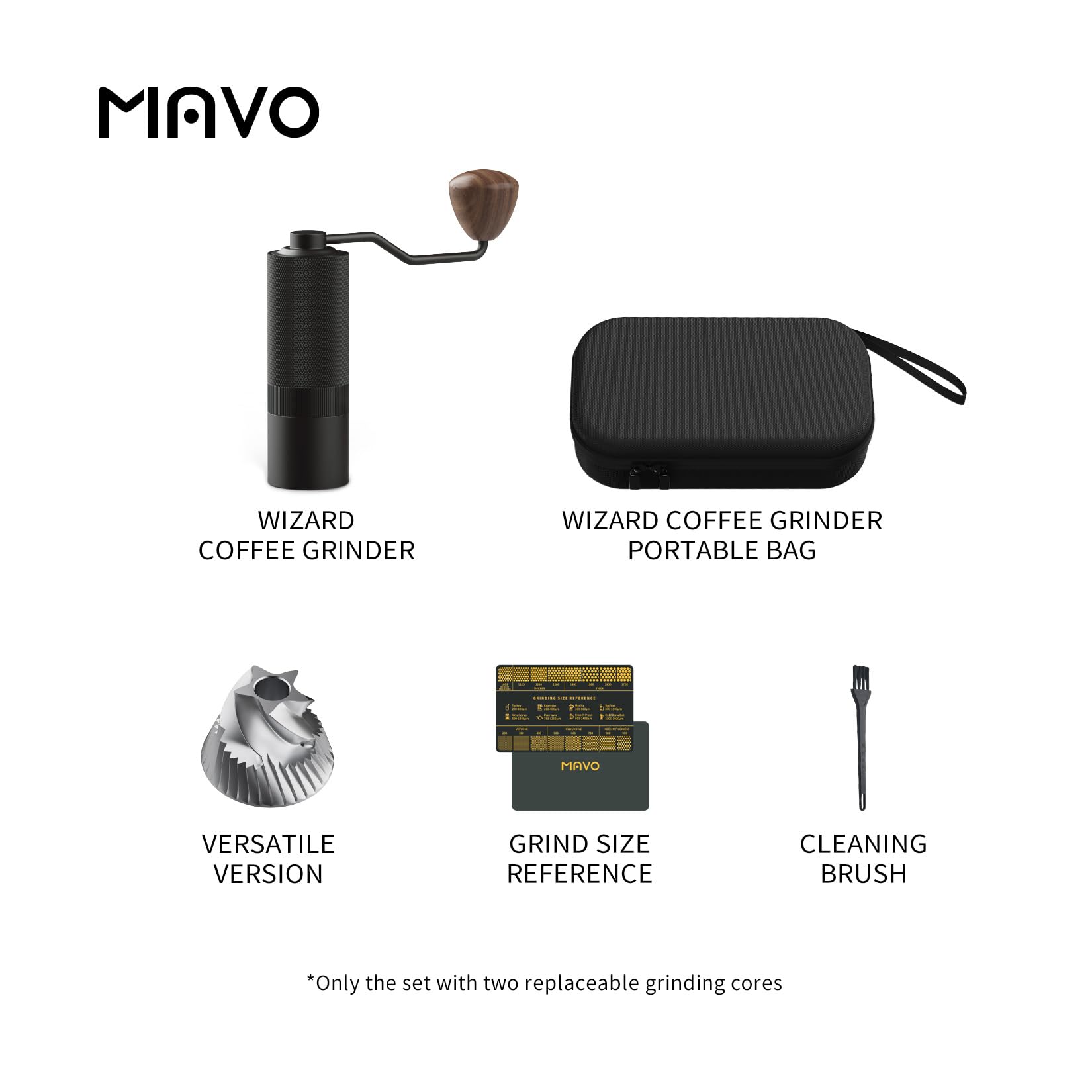 MAVO Manuelle Kaffeemühle, Wizard-Handkaffeemühle, Kapazität 25 g mit CNC-Edelstahl-Fünfeck-Kegelmahlwerk, einstellbare Einstellung, Kaffeebohnenmühle mit Mahlwerk für French Press, Pour Over, Schwarz