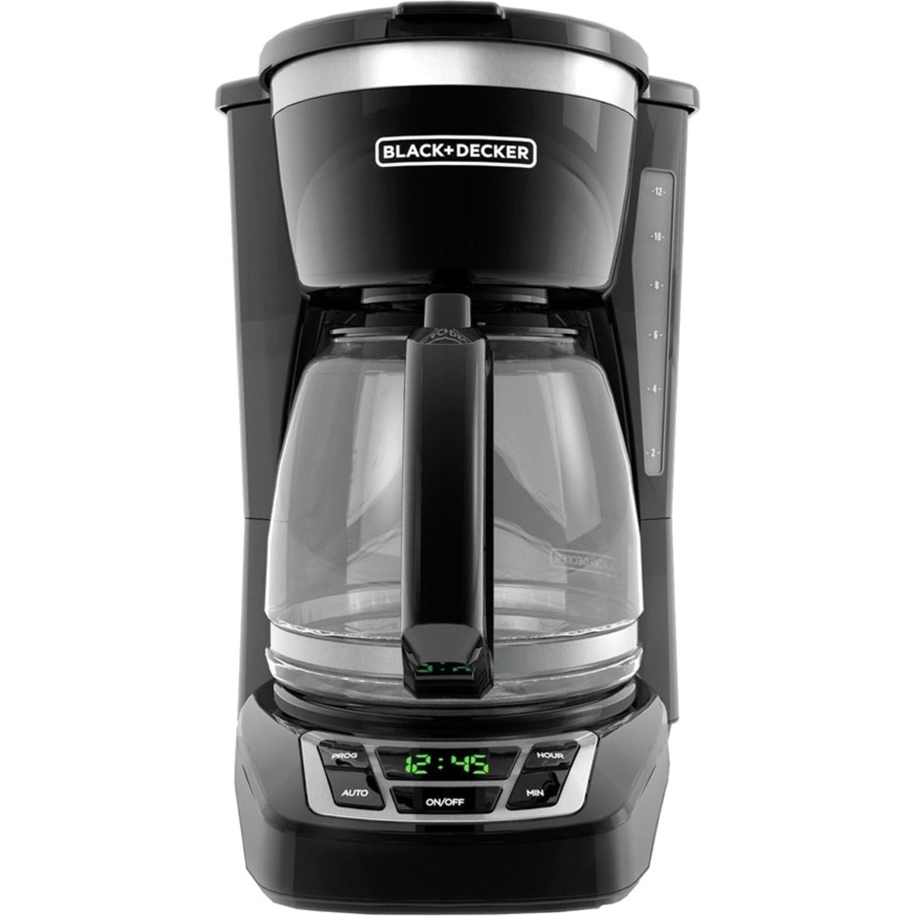 BLACK+DECKER Digitale Kaffeemaschine für 12 Tassen, programmierbar, waschbarer Korbfilter, Sneak-A-Cup, Auto Brew, Wasserfenster, Warmhalteplatte, schwarz