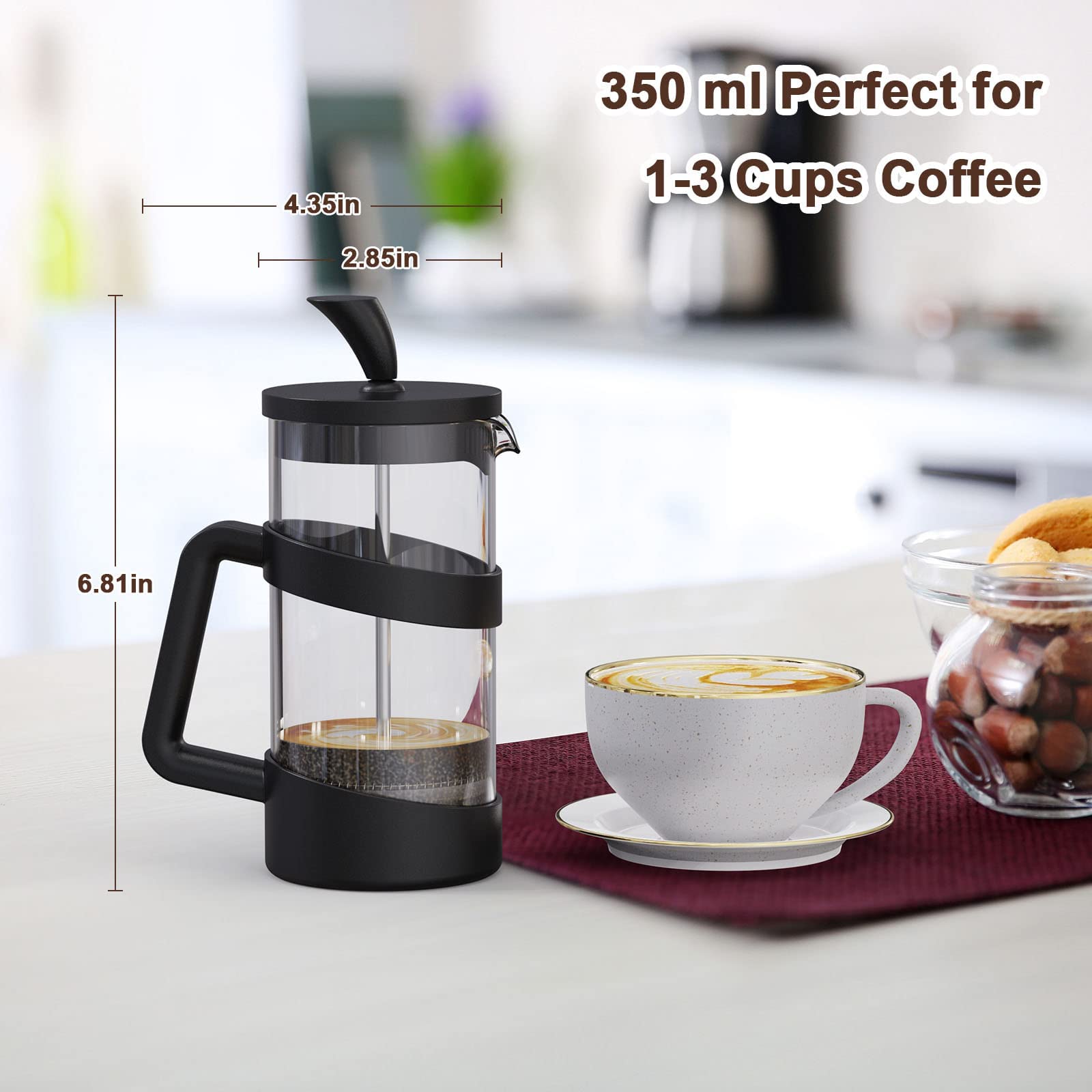 RAINBEAN Mini-French-Press-Kaffeemaschine, 12 oz, Kaffeebereiter zum Erhitzen und Kaltpressen, Camping-Kaffeepresse, kleine French Press und Kaffeepressen 350 ml, Tee- und Milchaufschäumpresse (schwarz, 12 oz)