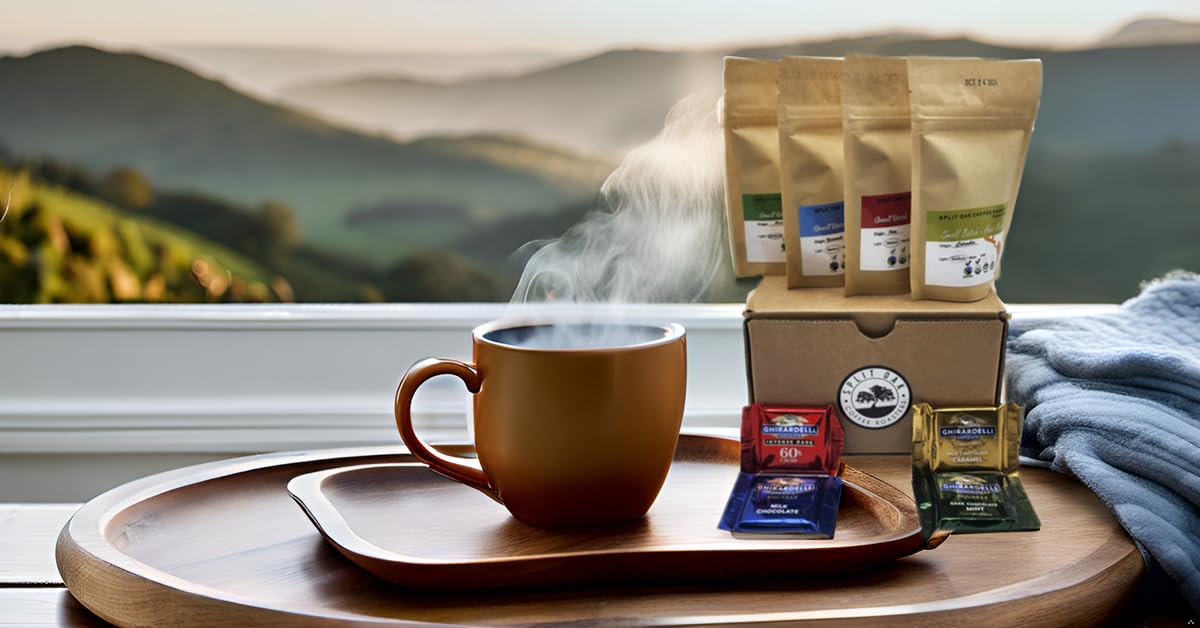 Split Oak Coffee Gift Set - 4 Medium Roast Coffees whole beans varieties: Peru, Brazil, Guatemala, Ethiopia and 4 Assorted Delicious Chocolate Squares