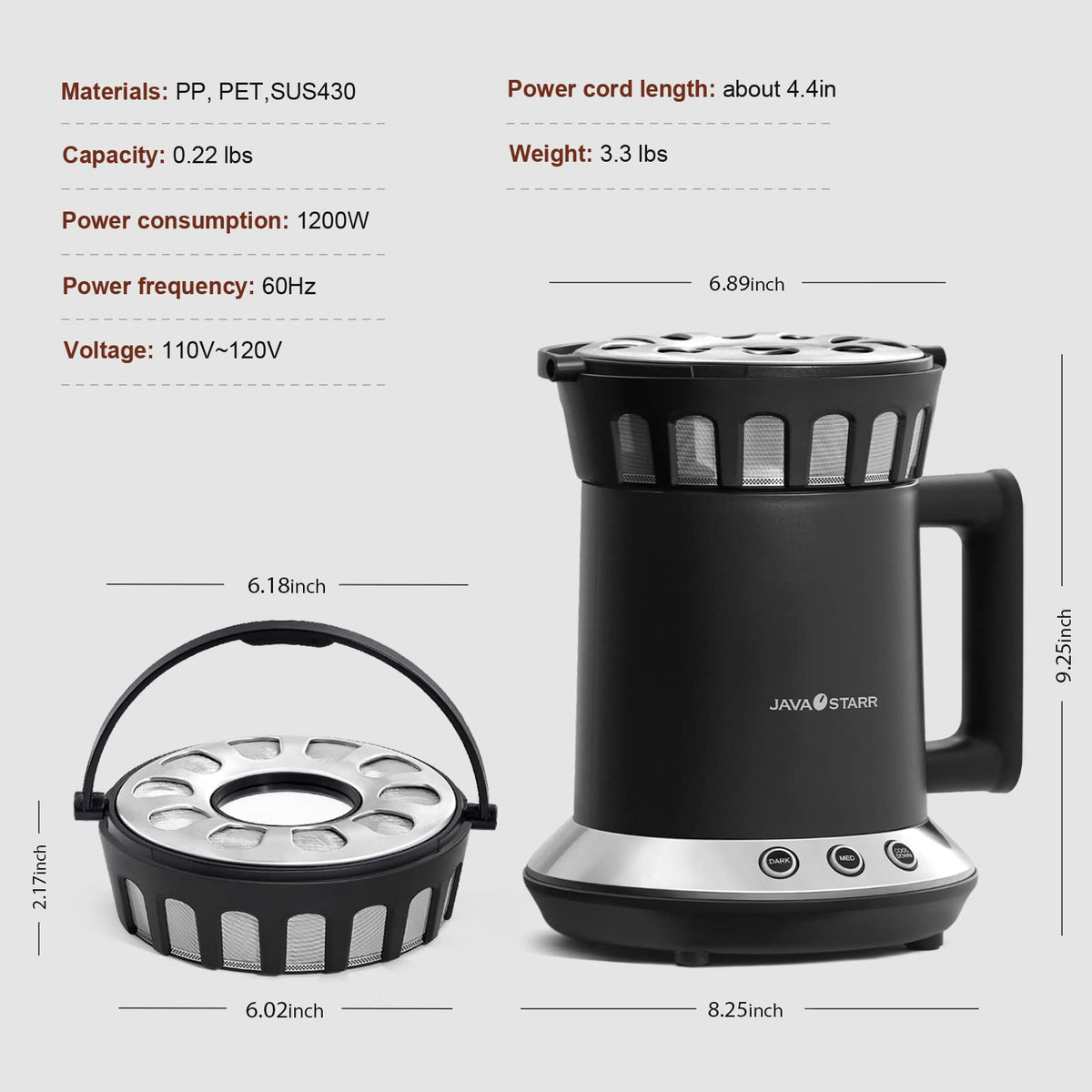 JAVASTARR 家庭用電気コーヒー焙煎機 1200W、家庭用コーヒー豆焙煎機 2つのオプションのベーキングモード（ミディアム＆ダーク）付き、コーヒー焙煎コンロ、110V〜120V