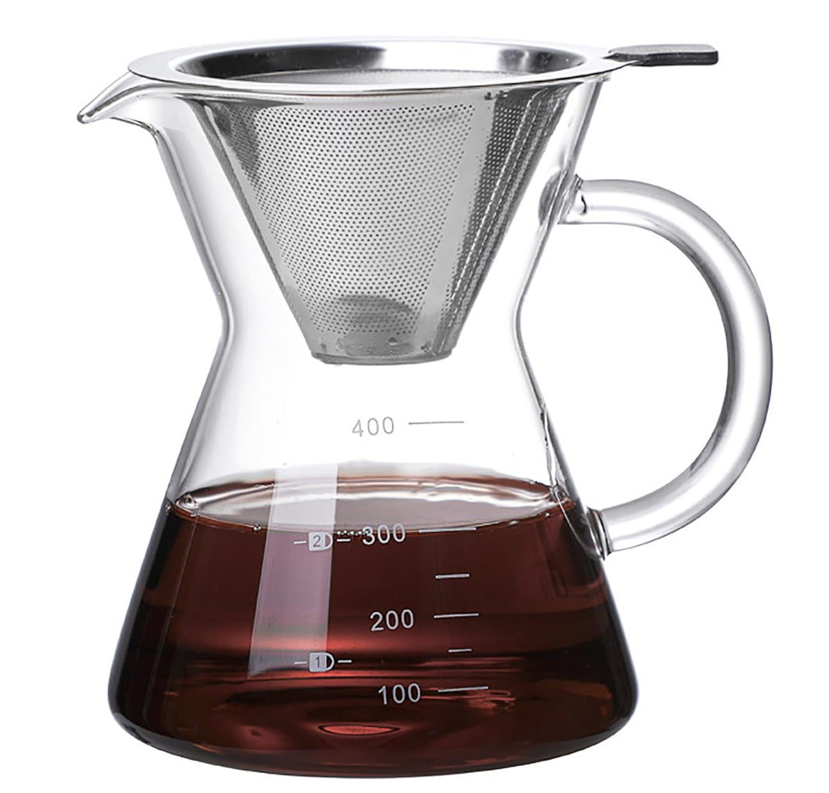 COFISUKI Pour-Over-Kaffeemaschine mit wiederverwendbarem Tropffilter aus Edelstahl, Tropfkaffeemaschinen-Set aus Glas, bleifreie Kaffeekaraffe aus Borosilikatglas für 1–2 Tassen, klar (400 ml/13,5 oz)