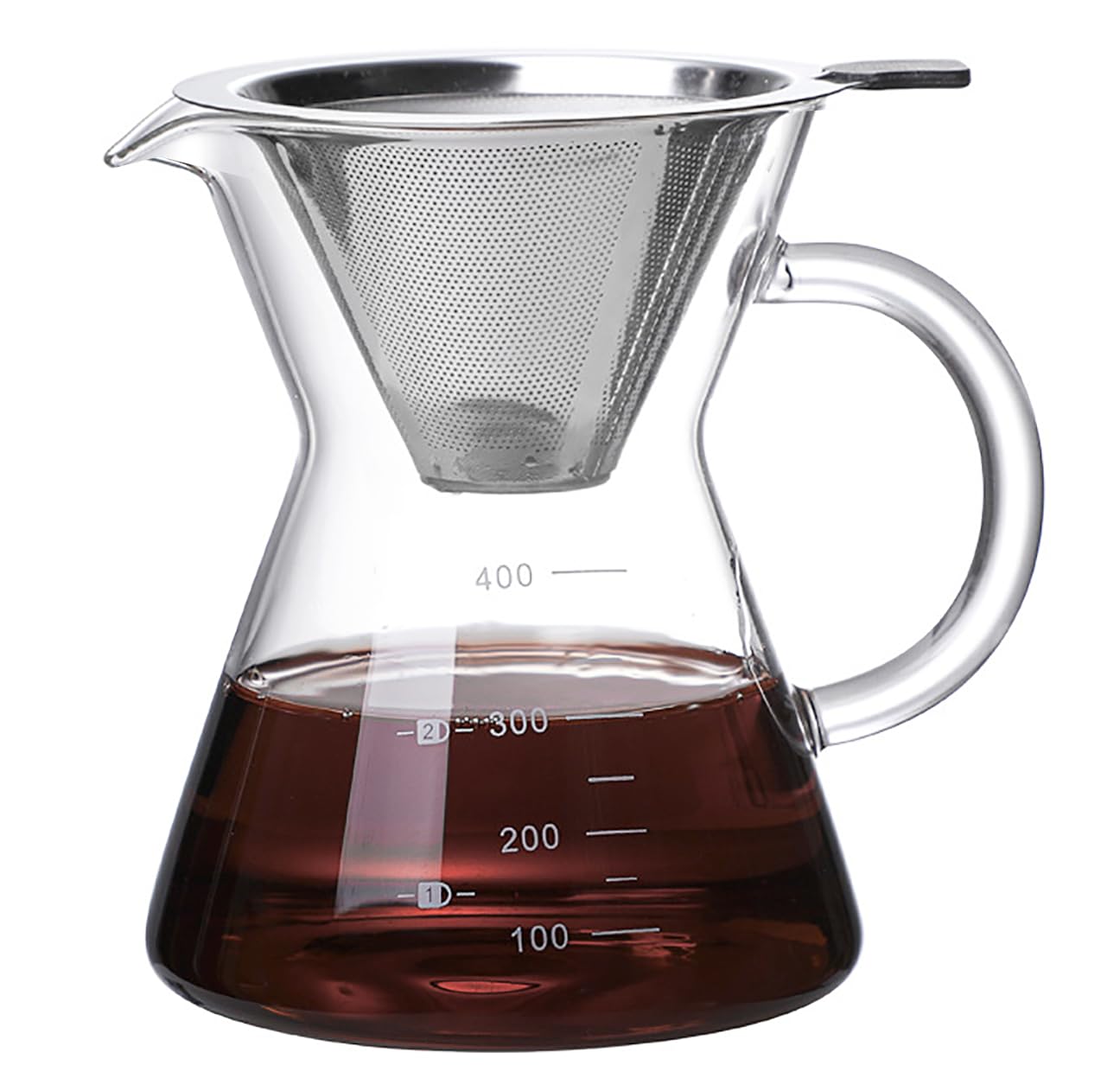 COFISUKI Pour Over Coffee Maker with Reusable Stainless Steel Drip Filter, Glass Drip Coffee Maker Set, Lead-Free Borosilicate Glass Coffee Carafe for 1-2Cup, Clear (400ml/13.5oz)