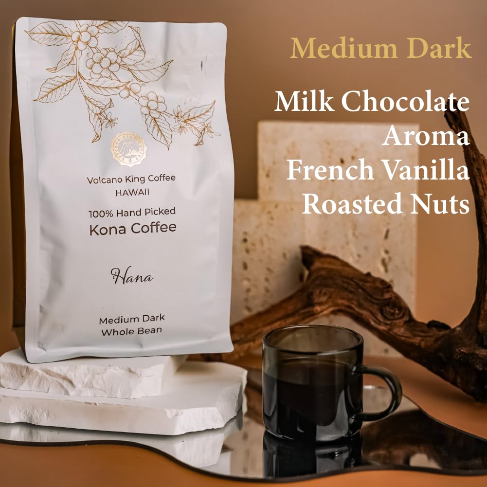 Volcanoking Coffee Hana Hawaiian whole bean coffee, 100% Kona coffee beans Medium Dark Roast - Gourmet Kona Coffee From Hawaii's Largest Coffee Growe, Great for Espresso, Drip or French Press, 100% Arabica coffee beans（7.05 Ounces）,Coffee Grounds with S