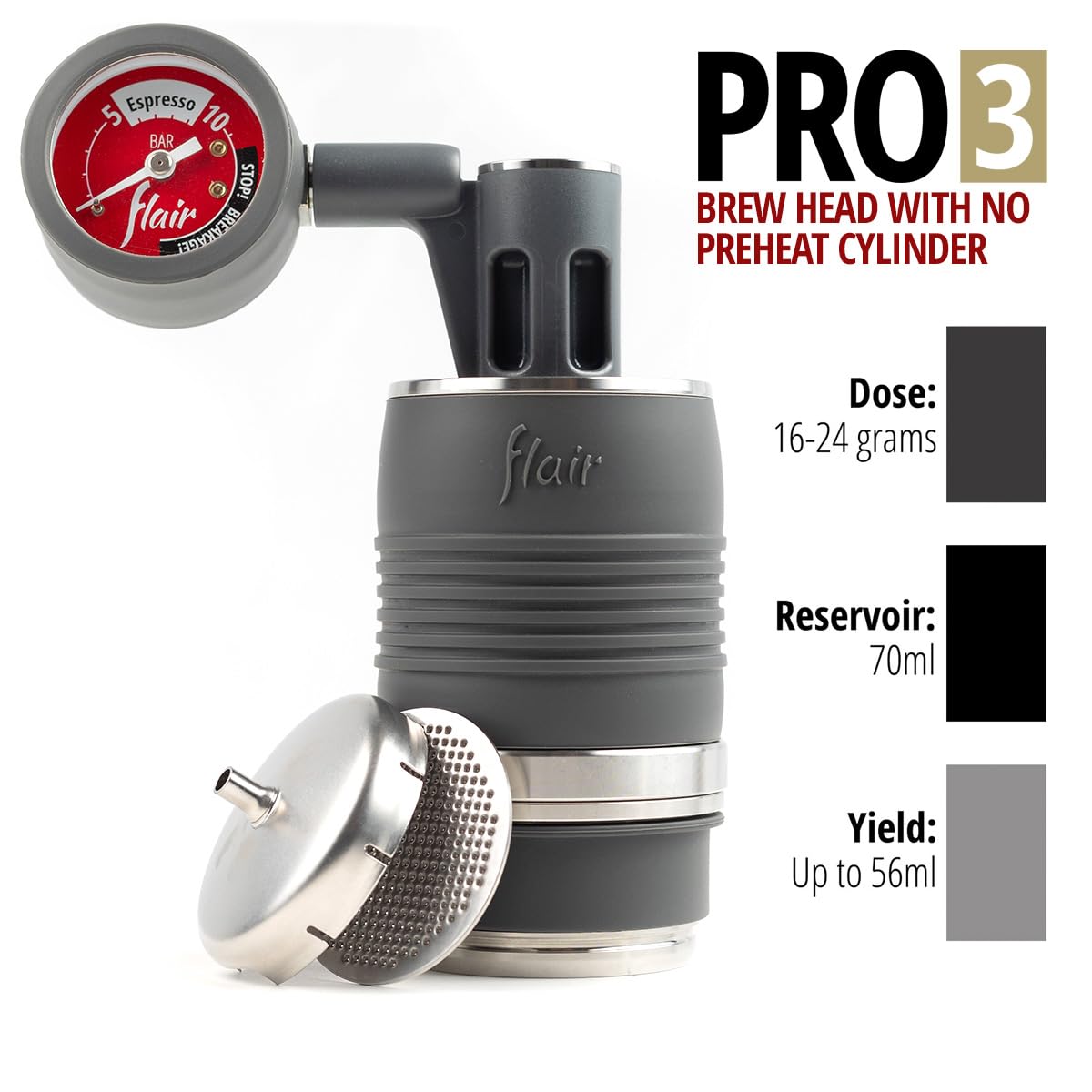 Flair UPDATED PRO 3 (Black) - All manual lever espresso maker with a stainless steel brew head, pressure gauge, and a shot mirror