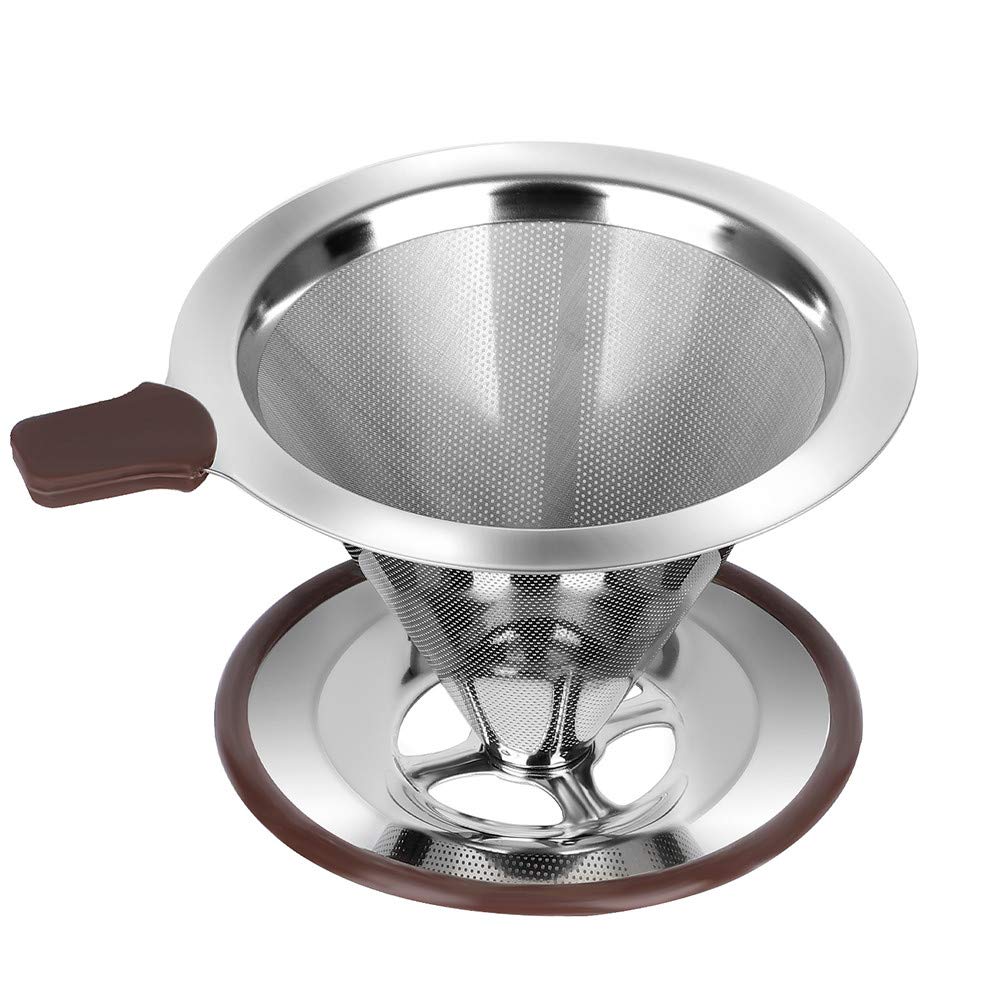 RealPero Pour Over-Kaffeefilter, wiederverwendbarer papierloser Kaffeefilter, professionelles Tropfkegel-Kaffeesieb aus Edelstahl, verbesserter doppelter Mikronetzfilter mit Tassenständer, 1–2 Tassen