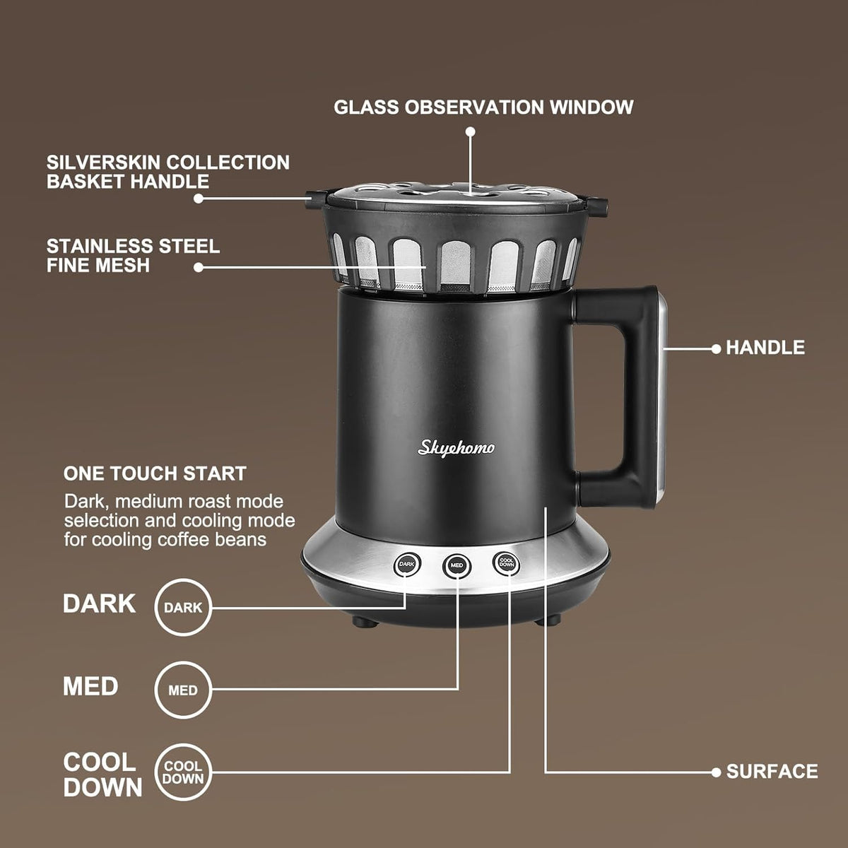 HOMOKUS Kaffeeröster für den Heimgebrauch – Zwei Backmodi (mittel und dunkel) – One-Touch-Steuerung – Kühlmodus inklusive