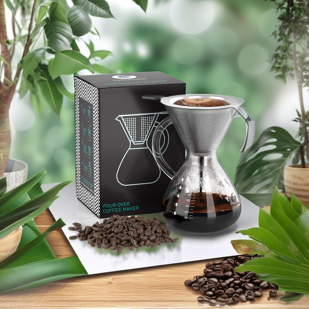 Coffee Gator Pour Over Coffee Maker - 27 oz Paperless, Portable, Drip Coffee Brewer Pour Over Set w/Glass Carafe & Stainless-Steel Mesh Filter, 800ml Clear