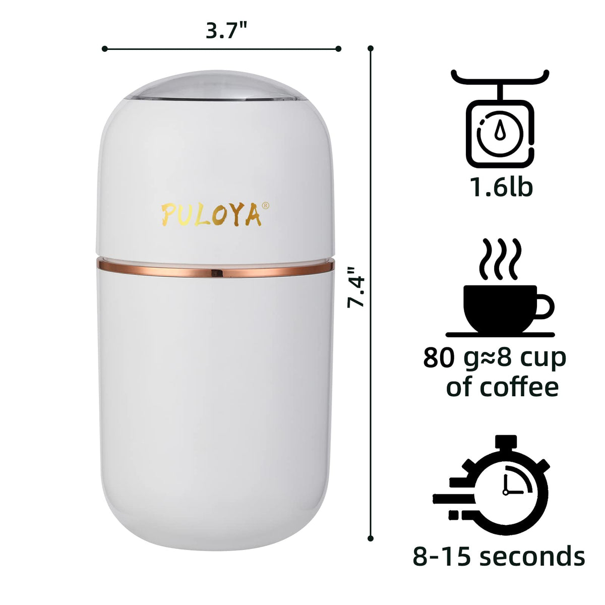 PULOYA Coffee Grinder Electric for Beans, Spices, Herbs, Grains and Nuts, Stainless Steel Blades, 2.8 oz, White