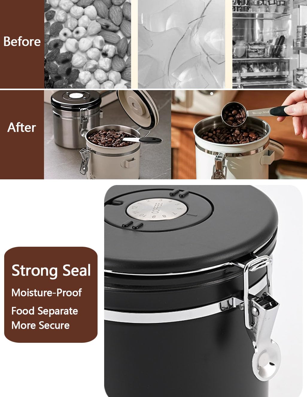 Walktosun Coffee Canister Airtight Storage Container Stainless Steel Air Tight Coffee Jar with Scoop, Date Tracker CO2 Release Valve for Dry Food, Beans, Ground, Tea, Flour, Cereal and Sugar (Black)