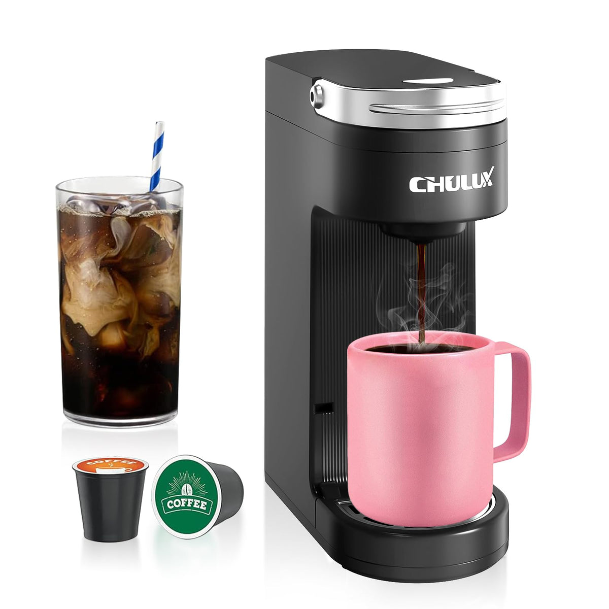 CHULUX Slim Single Serve Coffee Maker for K Cup Pods, One Cup Coffee Maker Fits 7.3" Travel Mugs, Coffee Machine with 6 to 12oz Brew Sizes