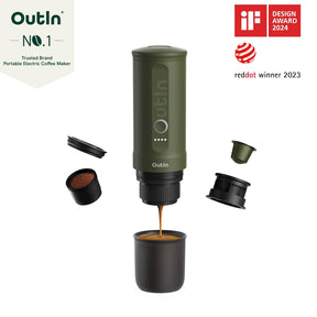 OutIn Nano Portable Electric Espresso Machine, Travel Coffee Maker for Camping, Car Coffee Maker Self-Heating with USB-C, With Ground Coffee & NS Capsule for RV, Hiking, Office