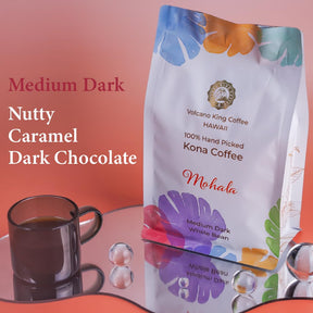 Volcanoking Coffee Mohala Hawaiian whole bean coffee, 100% Kona coffee beans Medium Dark Roast - Gourmet Kona Coffee From Hawaii's Largest Coffee Growe, Great for Espresso, Drip or French Press, 100% Arabica coffee beans（8.15 Ounces）,Coffee Grounds with