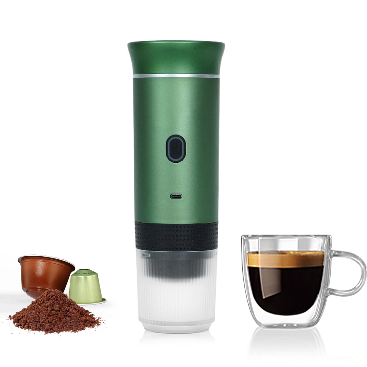 Tragbare Espressomaschine von LumoShine, Mini-Espressomaschine, selbsterhitzende Kaffeemaschine, kompatibel mit gemahlenem Kaffee, NS- und DG-Kapsel, für Camping, Wandern, Wohnmobil, Outdoor-Reisen, Grün