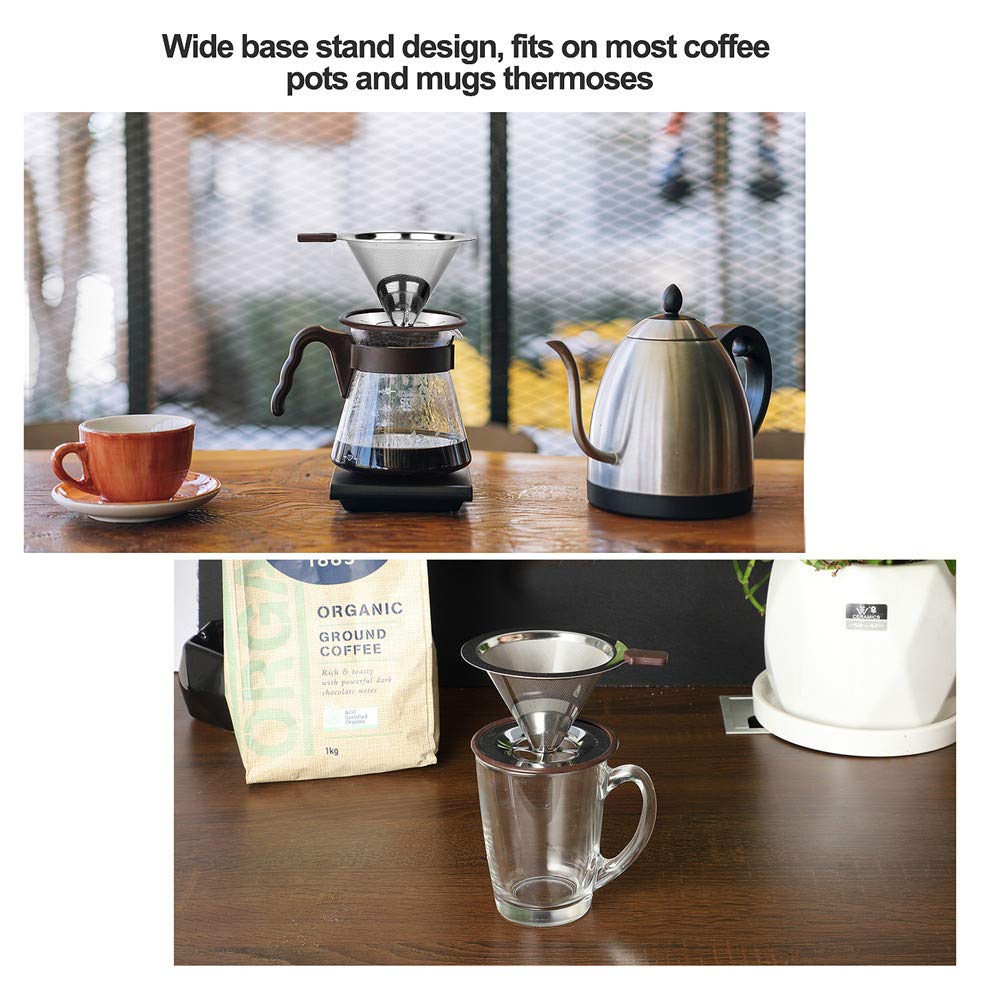 RealPero Pour Over Coffee Dripper, Reusable Paperless Coffee Filter,Professional Stainless Steel Drip Cone Brew Coffee Strainer,Upgraded Double Micro Mesh Filter with Cup Stand,1-2 Cup