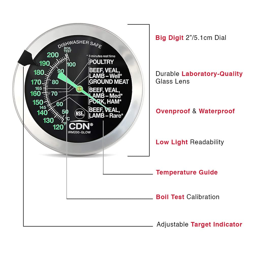 CDN Ovenproof Meat Thermometer – Glow | ProAccurate®, Temperature Guide on 2" Dial - Easy-to-Read in Low Light - Poultry, Roasting, Waterproof, NSF Certified - IRM200-GLOW