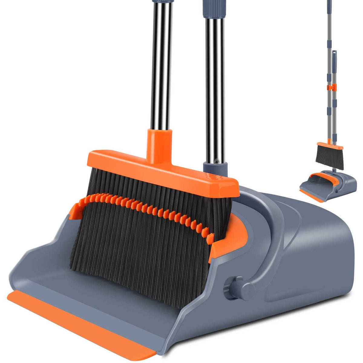 kelamayi Upgrade Broom and Dustpan Set, Self-Cleaning with Dustpan Teeth, Indoor&Outdoor Sweeping, Ideal for Dog Cat Pets Home Use, Stand Up Broom and Dustpan (Gray&Orange)