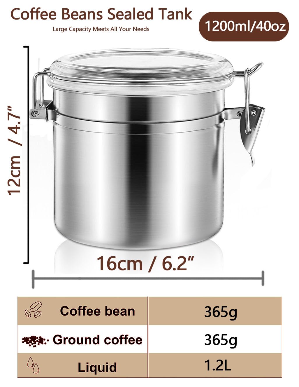 Walktosun ステンレススチール製食品容器 透明蓋付き 密閉容器 1.2L/40オンス 積み重ね可能な小型キャニスター キッチンパントリー収納 シリアル、スナック、キャンディ、ハーブ、スパイス、砂糖、お茶用 (シルバー)