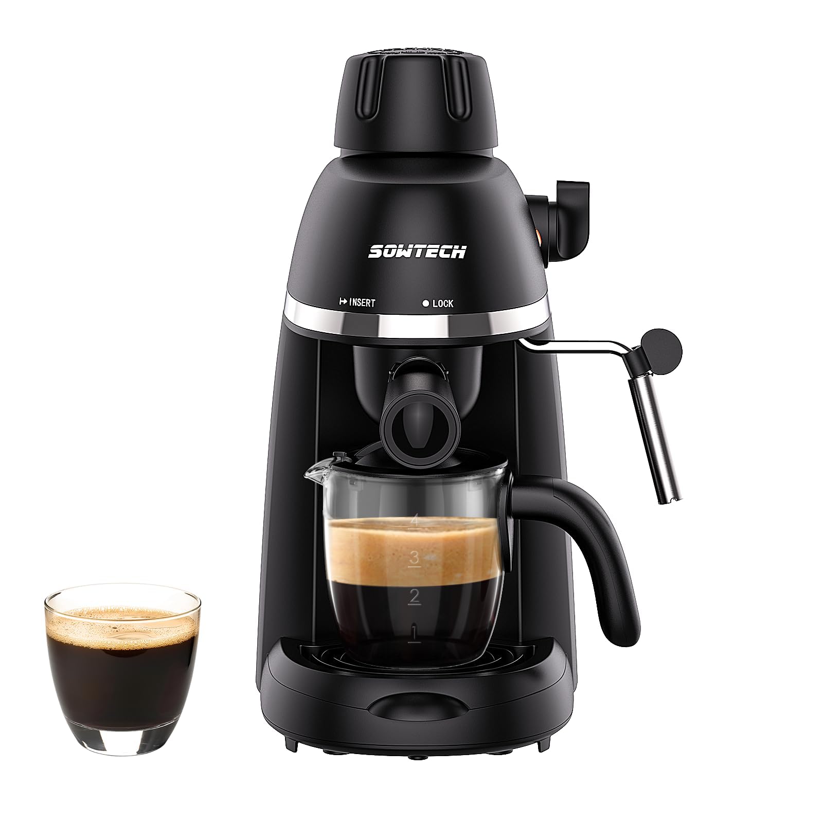 SOWTECH Kaffeemaschine, 3,5 Bar Espresso-Cappuccino-Maschine mit Milchaufschäumer, 1–4 Tassen tragbare Kaffeemaschine für Latte, Cappuccino, 800 W, schwarz