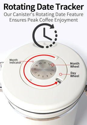 INFTYLE Coffee Canister with Airtight Lid, 22oz, 60 fl oz White, Stainless Steel Air Tight Lid Container with Date Tracker and Scoop Food Storage Jar for Grounds Coffee, Beans, Flour, Cereal (White)