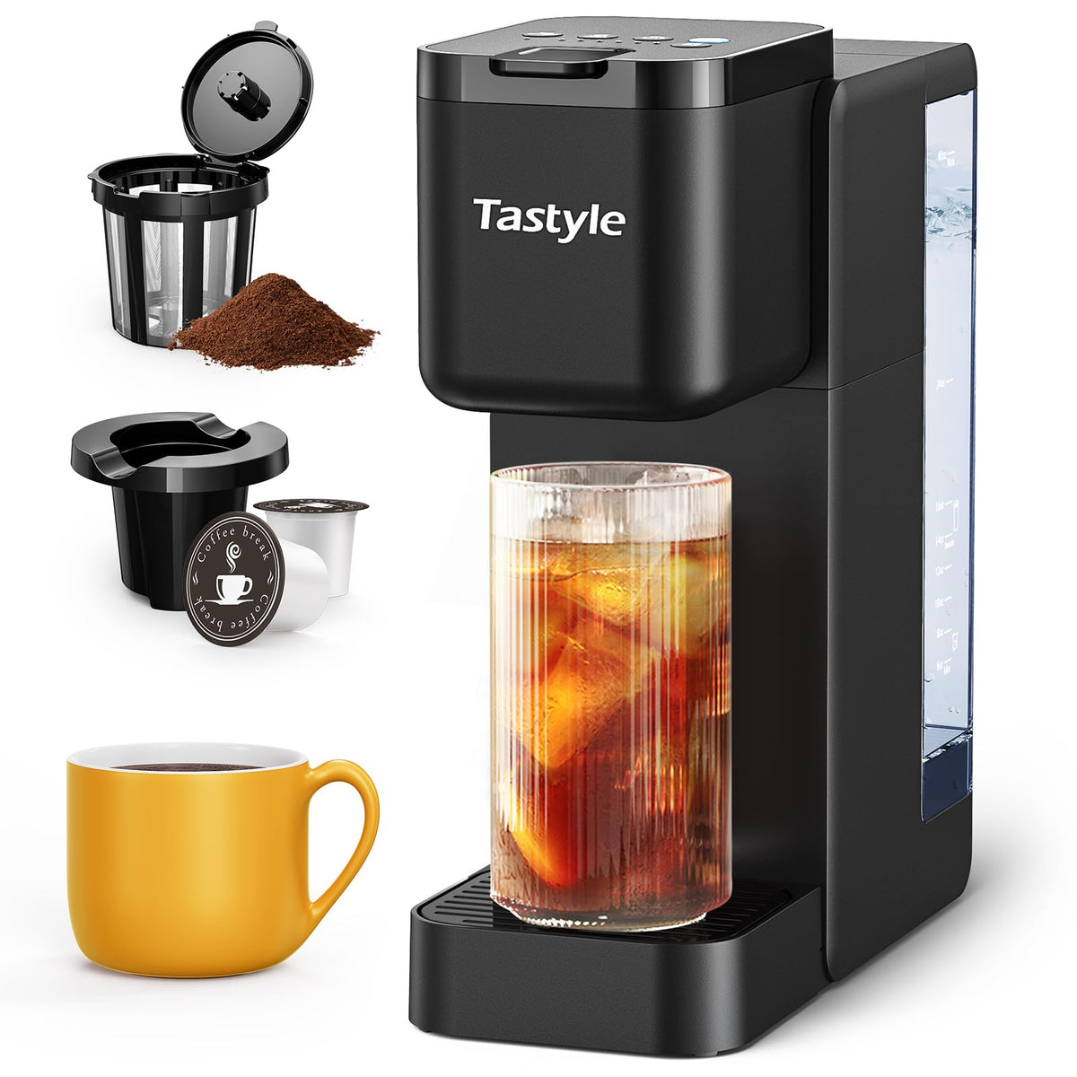 Tastyle Einzelportions-Heiß- und Eiskaffeemaschine mit starkem Brühvorgang, 40 oz abnehmbarer Behälter, 6 Brühgrößen, kompatibel mit K-Cup und Kaffeepulver, kompakt für Zuhause, Büro, Wohnmobil und Wohnheim, schwarz (2.0-Version)