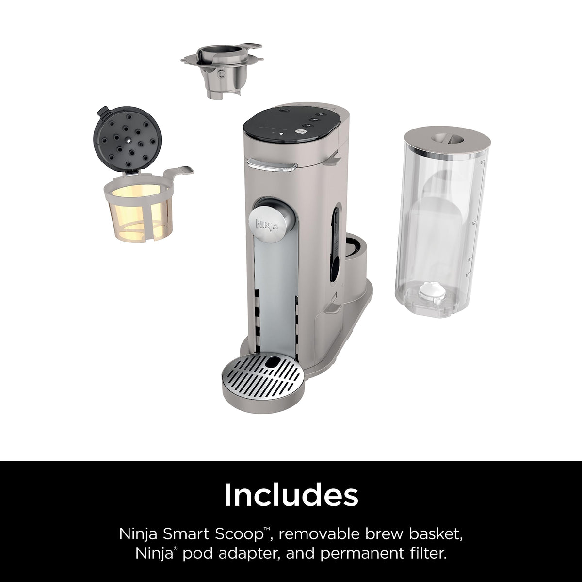 Ninja Pods &amp; Grounds Einzelportionskaffeemaschine, K-Cup-Pad-kompatibel, brüht gemahlenen Kaffee, kompaktes Design, 56-oz.-Behälter, Brühgrößen für 6-oz.-Tasse bis 24-oz.-Reisebecher, Eiskaffeemaschine, Stein, PB041ST