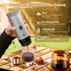 Tragbarer 3-in-1-Espressokocher, Mini-Kaffeemaschine für unterwegs, selbsterhitzende Auto-Kaffeemaschine mit USB-C, kleine Espressomaschine mit gemahlenem Kaffee und Kapseln (NS &amp; DG) für Wohnmobil, Wandern, Büro (Silber)