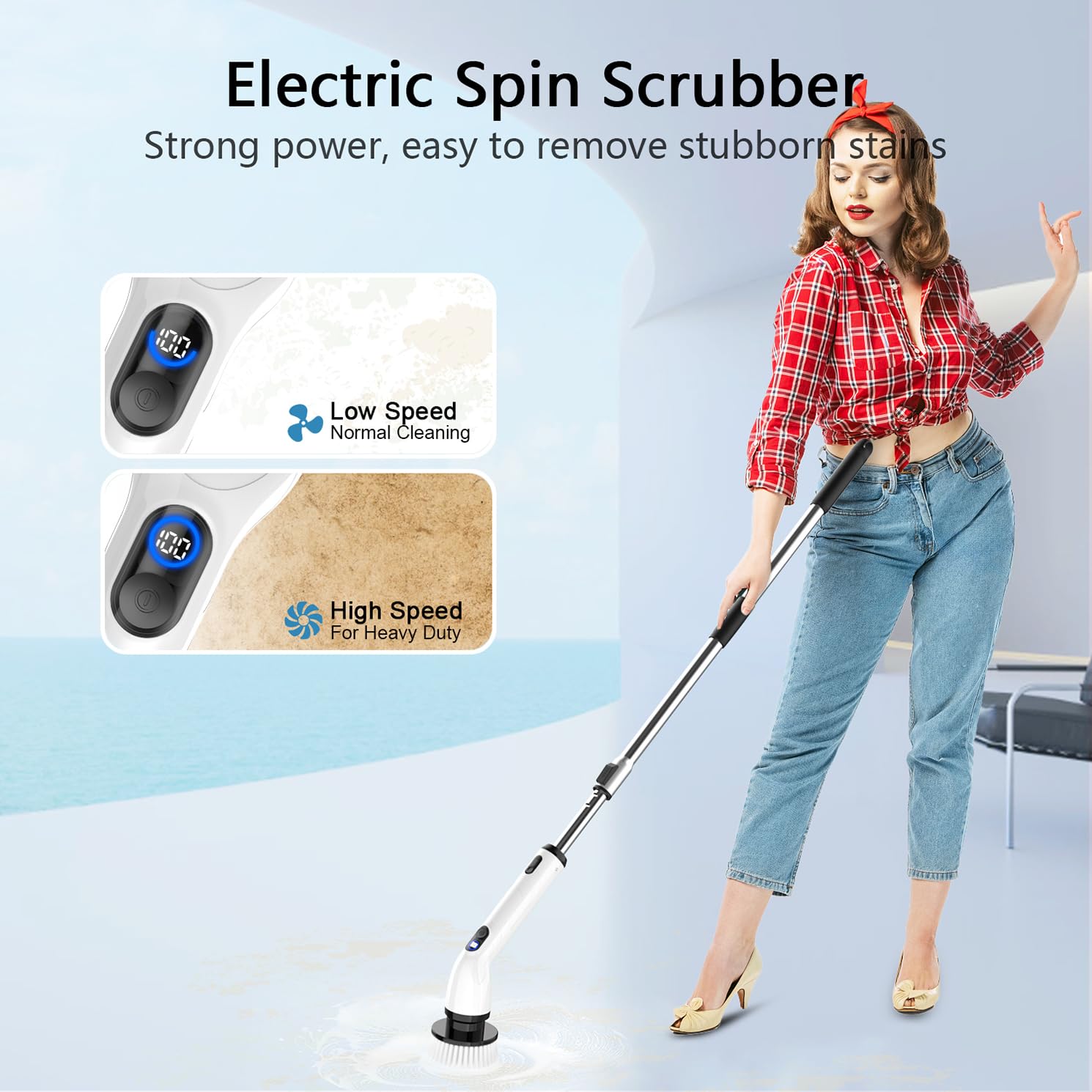 TUYU Electric Spin Scrubber, Full-Body IPX7 Waterproof Bathroom Scrubber with Power LCD Display, Adjustable Extension Handle, Cordless Shower Cleaner Brush for Bathtub Kitchen Wall Cleaning