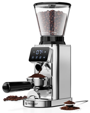 AMZCHEF Coffee Grinder, Coffee Bean Grinder for Home Use with Precise Grinding, LED Control Panel, Detachable Funnel Stand, 24 Grind Settings,Silver