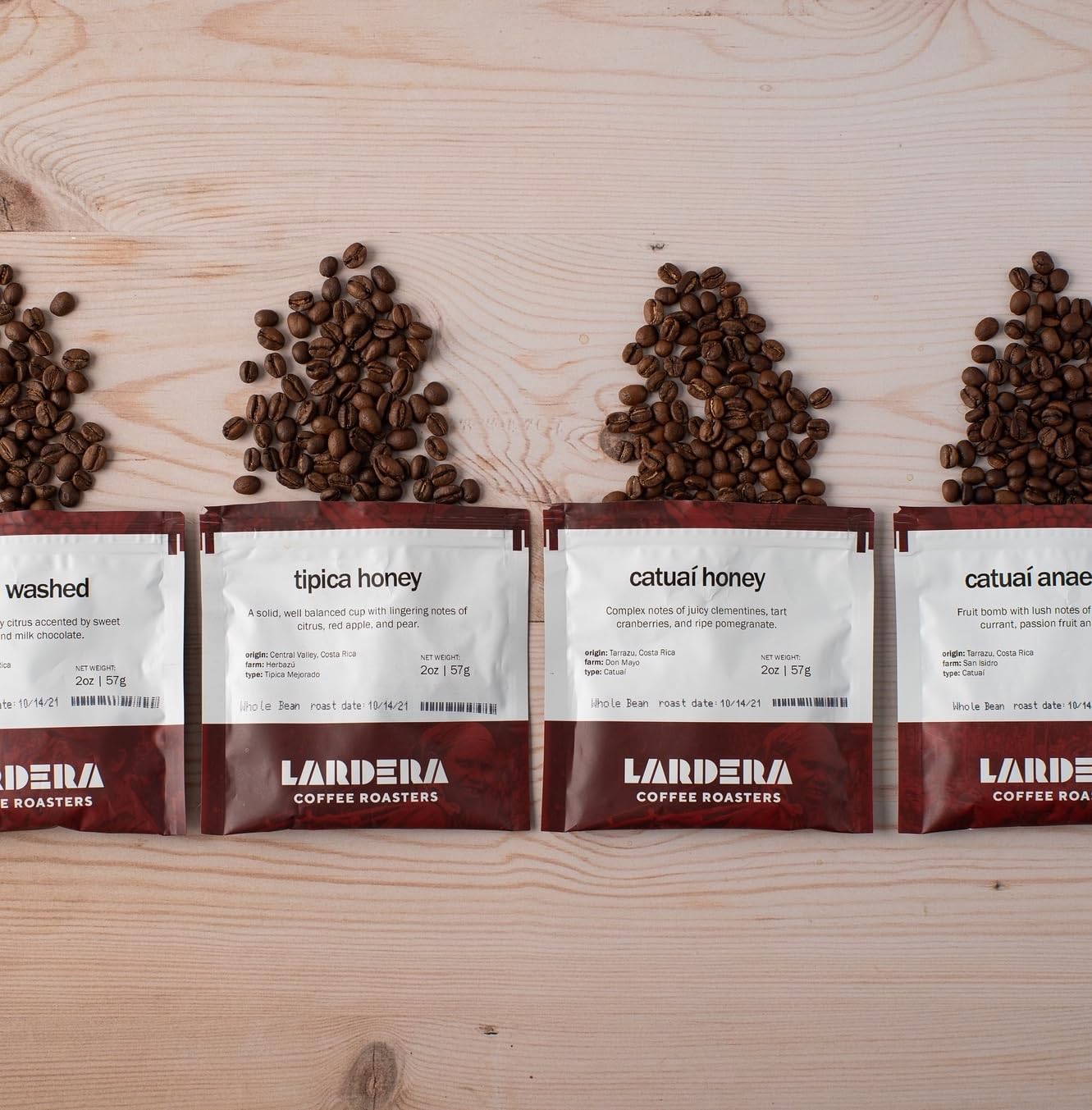 Try an Assortment of Fresh Beans from Lardera Coffee Roasters: 4 x 2oz nitrogen-flushed bags = 8 ounces of fresh coffee